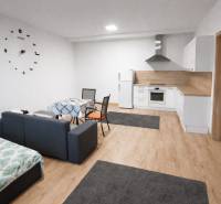 Obývací pokoj v 2pokojovém bytě s kuchyňským koutem a podlahou s dřevěným dekorem.