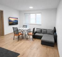 Obývací pokoj s pohovkou a stolem v 2-pokojovém bytě, podlaha s dřevěným dekorem.