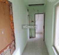 Úzký interiér se světle zelenými stěnami a podlahou s dlažbou.