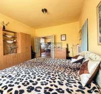 Ložnice v rodinném domě s postelí s leopardím vzorem a skříní s dekorem dřeva.