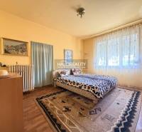 Ložnice v rodinném domě s podlahou s dřevěným dekorem, velkým oknem a koberci.