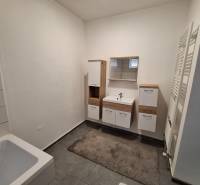 Koupelna v rodinném domě s bílým nábytkem a tmavou dlažbou.