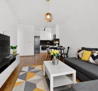 Obývací pokoj v 2-pokojovém bytě s pohovkou, stolkem a podlahou s dřevěným dekorem.