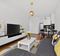 Obývací pokoj v 2pokojovém bytě s podlahou s dřevěným dekorem, pohovkou a televizí.