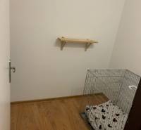 Malá místnost s nástěnnou policí, podlahou s dřevěným dekorem a klecí pro zvíře.