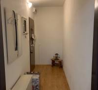 Úzká předsíň s bílými stěnami, podlaha s dřevěným dekorem a minimalistickým nábytkem.