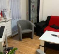 Obývací pokoj v 2pokojovém bytě s barevným nábytkem a podlahou s dřevěným dekorem.