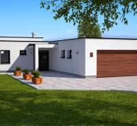 Rodinný dům v Dolní Seči s bílou fasádou, velkou terasou a zeleným trávníkem.