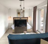 Obývací pokoj v 2pokojovém bytě s podlahou s dřevěným dekorem a oddělenou spánkovou zónou.