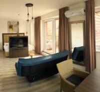 Světlý 2-pokojový byt s podlahou s dřevěným dekorem, pohovkou a velkými okny.