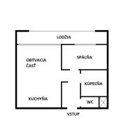Půdorys 2-pokojového bytu s kuchyní, obývacím pokojem, ložnicí, koupelnou, WC a lodžií.
