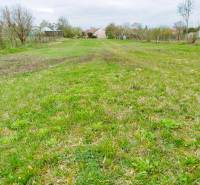 Zelený pozemek na bydlení v Horní Králové, s viditelnými stromy a domy v dálce.