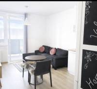 Obývací pokoj v 2-pokojovém bytě s podlahou s dřevěným dekorem a balkonem.