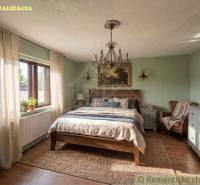 Ložnice s rustikálním nábytkem, podlaha s dřevěným dekorem a velkým oknem v rodinném domě.