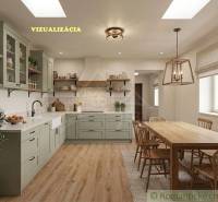 Interiér rodinného domu s kuchyní, dřevěným dekorem a kuchyňským stolem s lampou.