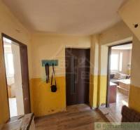 Interiér rodinného domu s podlahou s dřevěným dekorem, žluté stěny, věšák, pohovka.