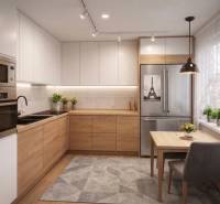 Kuchyně s podlahou s dřevěným dekorem v 3-pokojovém bytě, vybavená spotřebiči a jídelním stolem.