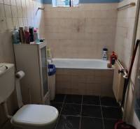 Koupelna s vanou a toaletou v rodinném domě, s tmavou dlažbou a oknem.