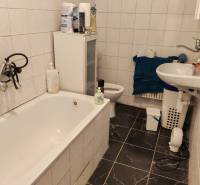 Koupelna v rodinném domě s vanou, umyvadlem a dlažbou s tmavým vzorem.