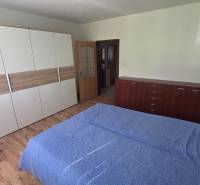 Ložnice v 1-pokojovém bytě s podlahou s dřevěným dekorem a praktickým nábytkem.