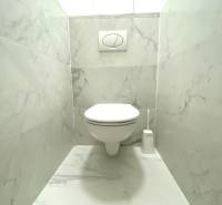 Koupelna se závěsným wc a mramorovým obkladem v 2-pokojovém bytě.