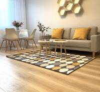 2pokojový byt s podlahou s dřevěným dekorem, pohovkou, jídelním stolem a geometrickými poličkami.