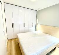 Ložnice s manželskou postelí, bílou skříní a podlahou s dřevěným dekorem ve dvoupokojovém bytě.