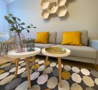 Obývací pokoj v 2-pokojovém bytě s geometrickými poličkami, šedou sedačkou a barevným kobercem.