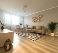 Obývací pokoj v 2-pokojovém bytě s pohovkou, kobercem a podlahou s dřevěným dekorem.