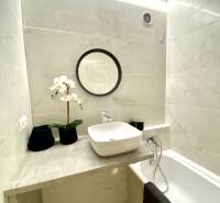 Koupelna s umyvadlem na desce, vanou a dekorací, 2-pokojový byt.