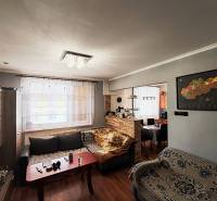 Obývací pokoj s pohovkou, podlahou s dřevěným dekorem a světelným lustrem ve 4pokojovém bytě.