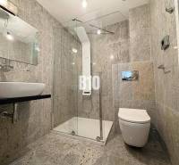 Koupelna v 2-pokojovém bytě se sprchovým koutem a umyvadlem, obložená kachličkami.