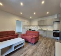 Obývací pokoj v 2-pokojovém bytě s podlahou s dřevěným dekorem, červené sedačky, kuchyně.