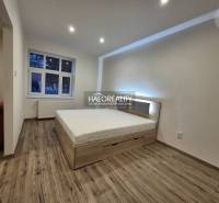 Ložnice v 2pokojovém bytě s postelí a podlahou s dřevěným dekorem.