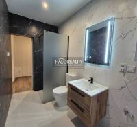 Koupelna v 2-pokojovém bytě s černým mramorem a podlahou s dřevěným dekorem.