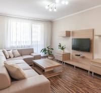 Obývací pokoj v 3pokojovém bytě s pohovkou, televizí a podlahou s dřevěným dekorem.