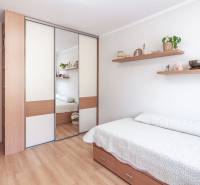 Ložnice v třípokojovém bytě s postelí a zrcadlovou skříní, podlaha s dřevěným dekorem.