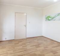 Prázdná místnost s dekorativním obrazem a podlahou s dřevěným dekorem ve 3-pokojovém bytě.