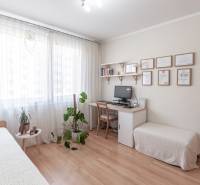 Pracovní kout s dřevěným dekorem podlahy a nábytkem v 3-pokojovém bytě.