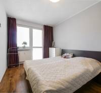 Ložnice ve 3pokojovém bytě s podlahou s dřevěným dekorem a postelí.