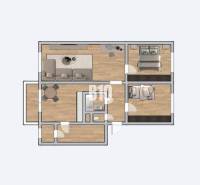 Půdorys 3pokojového bytu s podlahou s dřevěným dekorem a praktickým uspořádáním místností.