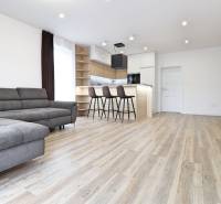 Obývací pokoj v 3-pokojovém bytě s pohovkou, barem a podlahou s dřevěným dekorem.