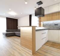 Interiér 3-pokojového bytu s kuchyní, sedačkou a podlahou s dřevěným dekorem.