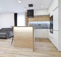 Obývací pokoj s kuchyní a podlahou s dřevěným dekorem ve 3pokojovém bytě.