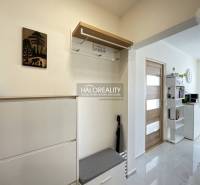 Interiér 1-pokojového bytu s věšákem, botníkem a poličkami u dveří.