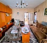 Obývací pokoj v 3-pokojovém bytě s dřevěným dekorem, koberec a pohovky.