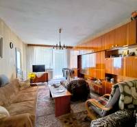 Obývací pokoj v 3pokojovém bytě s podlahou s dřevěným dekorem a sedací soupravou.