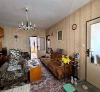 Obývací pokoj ve 3-pokojovém bytě s křesly, květinami a vintage lustrem.