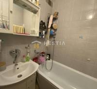 Koupelna se sprchou a umyvadlem ve 2-pokojovém bytě s bílými dlaždicemi.