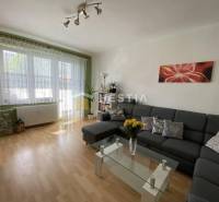 Obývací pokoj s pohodlnou sedačkou, skleněným stolkem a podlahou s dřevěným dekorem v 2-pokojovém bytě.